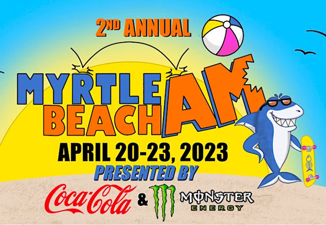 Myrtle Beach AM cartoon flyer with shark and skateboard