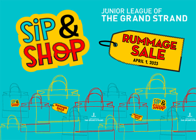 Junior Lead Sip & Shop and Rummage Sales graphic with shopping bags