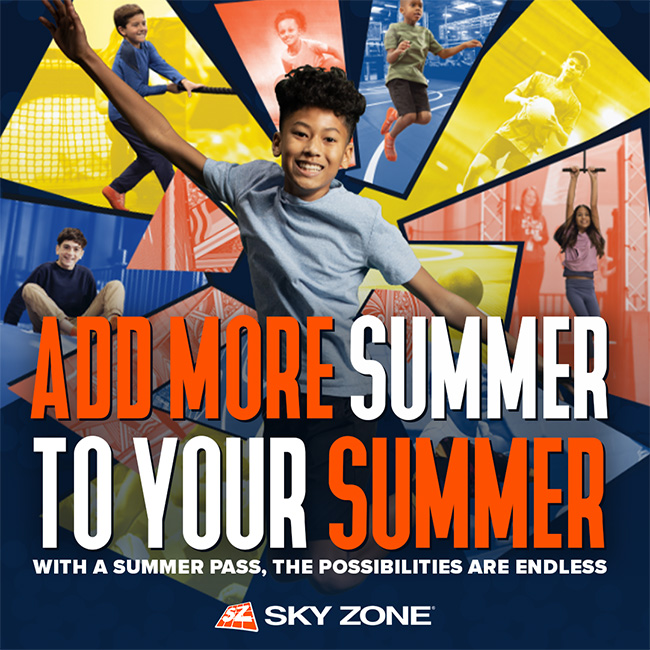 Sky Zone Summer Pass boy in pale blue shirt jumping