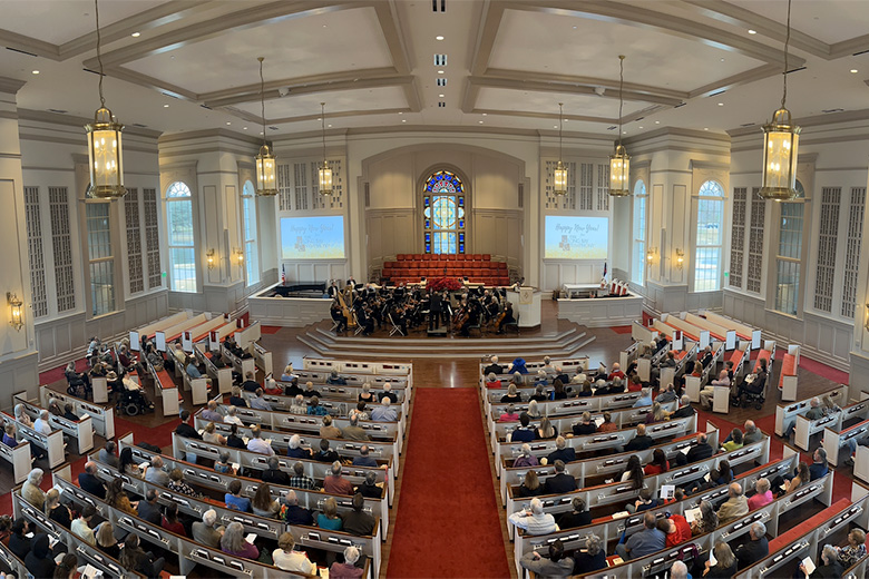 Small orchestra on stage in a church