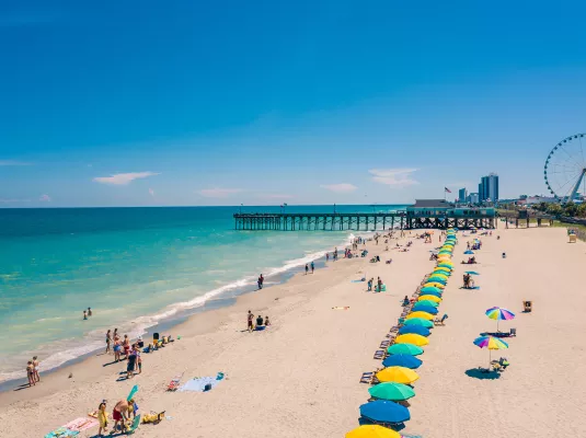 Myrtle Beach aerial of coast with Pier 14 and SkyWheel