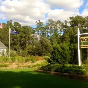 Blackmoor entrance with sign, trees and flags