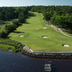 Glen Dornock aerial with fairway, greens and traps surrounds by water