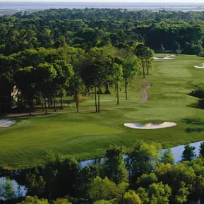 Sea Trail golf course aerial with fairway along river