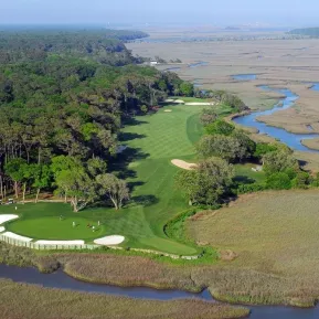 Tidewater Golf aerial of fairway and green surrounded by marsh