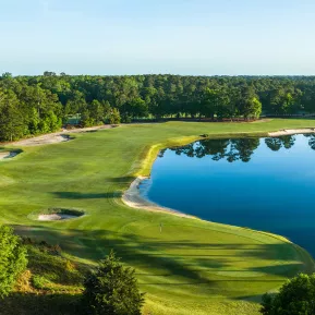 True Blue Golf Club aerial of fairway with large lake