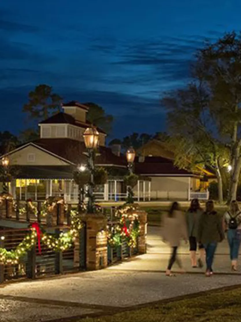 Outdoor shopping area, Barefoot Landing, decorated for Christmas. 