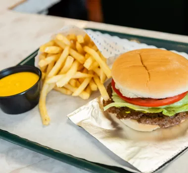 Burky's Grill Cheeseburger and fries on display