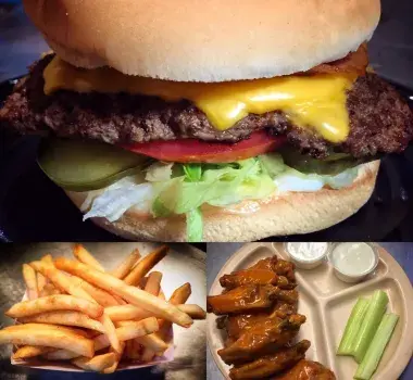 Cheeseburger and fries on display