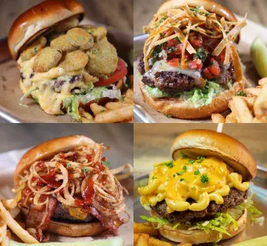 Cheeseburger and fries on display