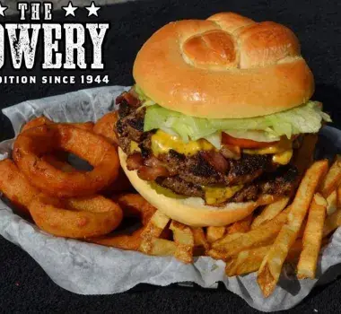 Cheeseburger and fries on display