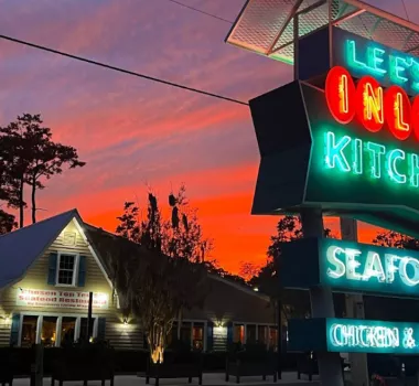 Exterior and Lighted sign at Lee's Inlet Kitchen in Murrells Inlet