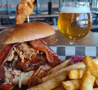 Black Drum Brewing BBQ burger with fries