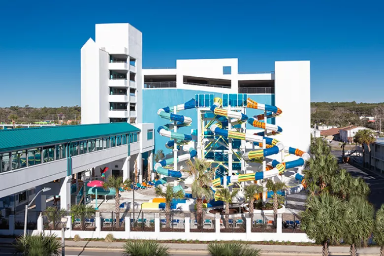 Landmark Resort exterior building with waterpark with slides