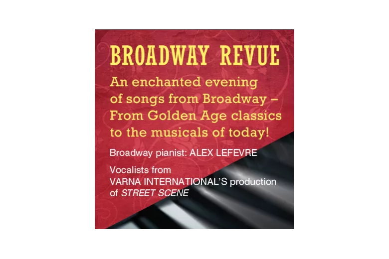 Muzika Broadway Revue graphic with date and time