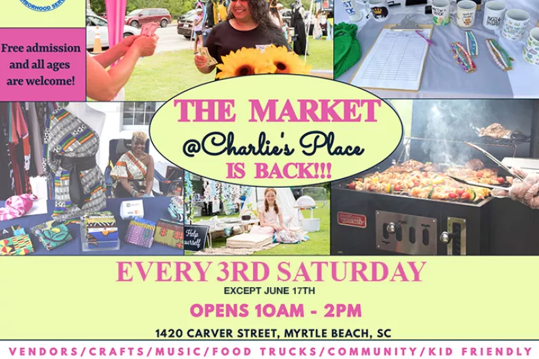 Collage of crafts, food, and vendor products