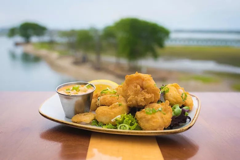 Drunken Jack's fried shrimp overlooking inlet