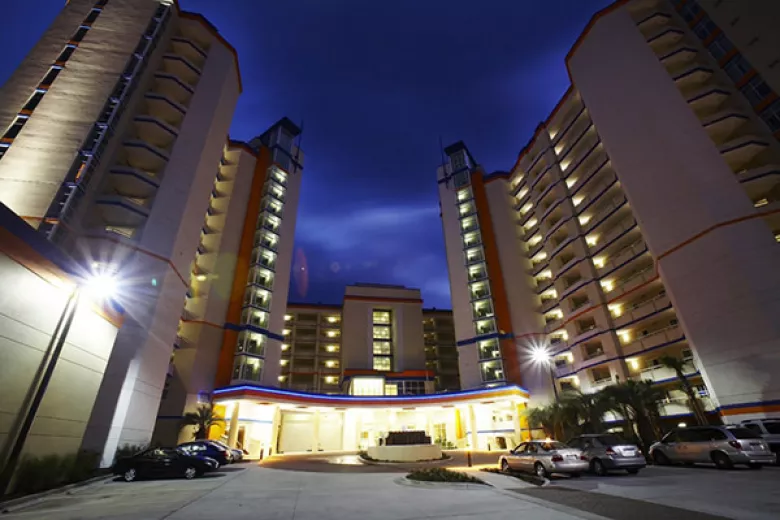 Dunes Village night shot of building exterior