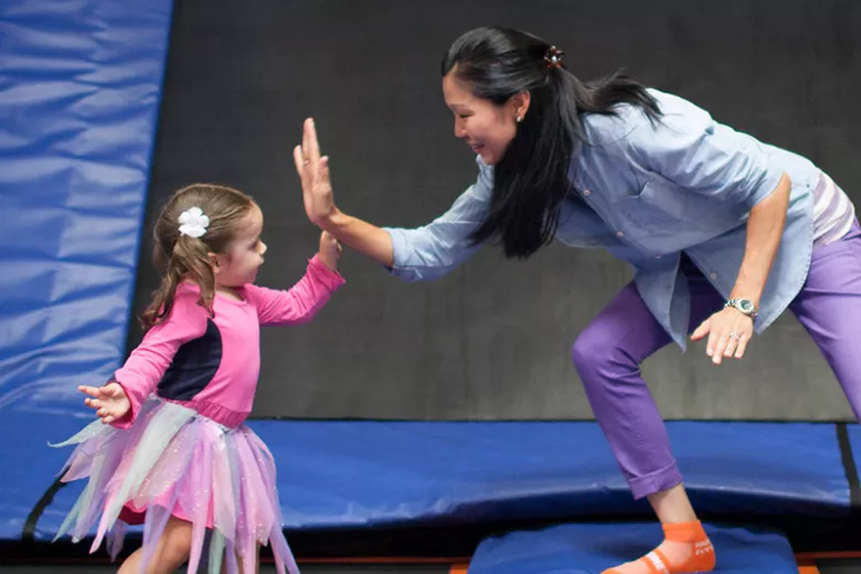 Sky Zone Toddler Time mom and daughter high fiving