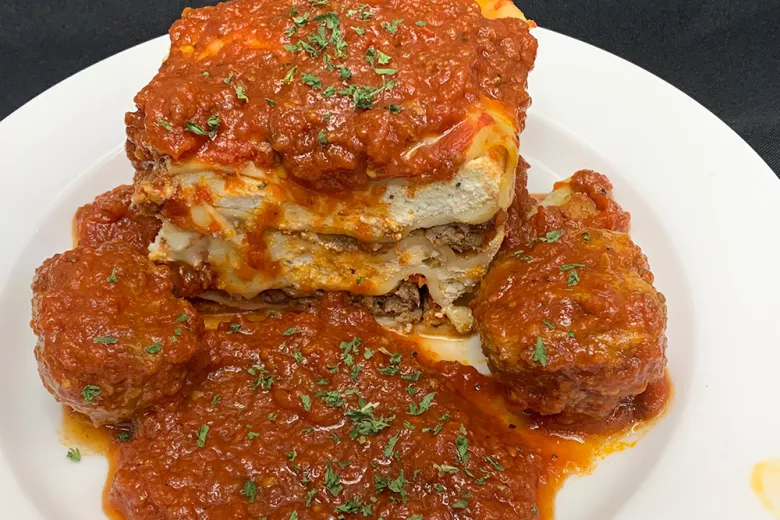 Jiggy's Bistro lasagna with meatballs