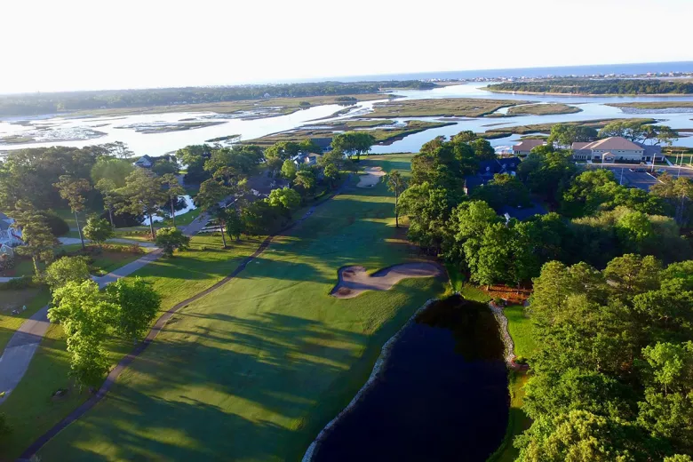 Lockwood Folly aerial of fairway and pond with marsh in background