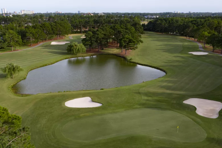 Palmetto Course aerial with small lake and greens