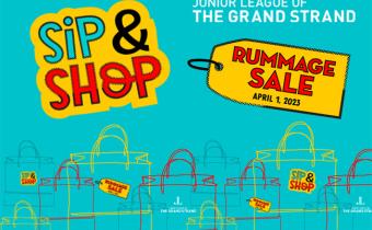 Junior Lead Sip & Shop and Rummage Sales graphic with shopping bags