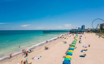 Myrtle Beach aerial of coast with Pier 14 and SkyWheel