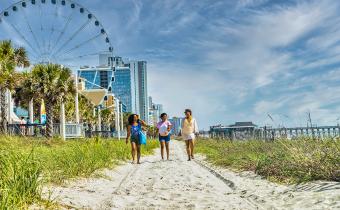 Friends walking on beach with SkyWheel