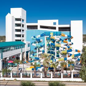 Landmark Resort exterior building with waterpark with slides