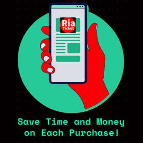 RiaTicket Save Time and Money graphic with hand holding mobile phone