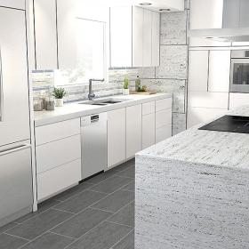 white kitchen with stainless steel appliances