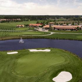 Grande Dunes aerial with clubhouse, green and lake