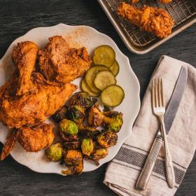 Fried Chicken and roasted brussel sprouts