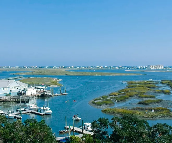 Aerial of Murrells Inlet with marsh, marina and beach homes