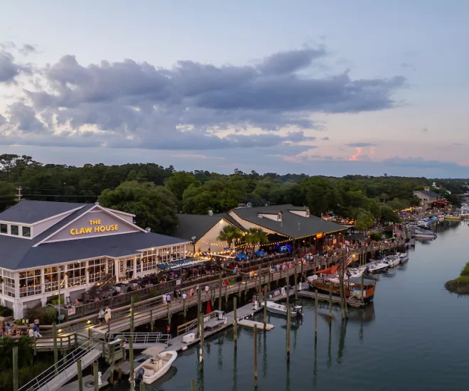 Aerial shot of the MarshWalk with sunset