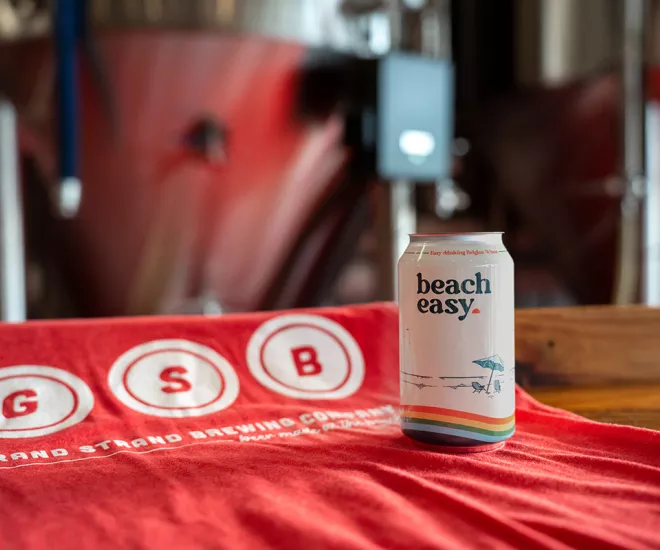 Beach Easy Beer can on Grand Strand Brewing tablecloth