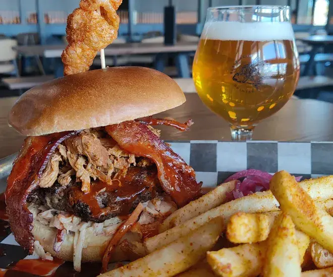 Black Drum Brewing BBQ burger with fries