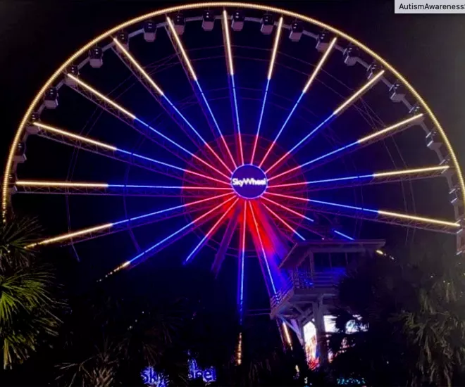 The Sky Wheel in Myrtle Beach with Red and Blue Autism Colored lights