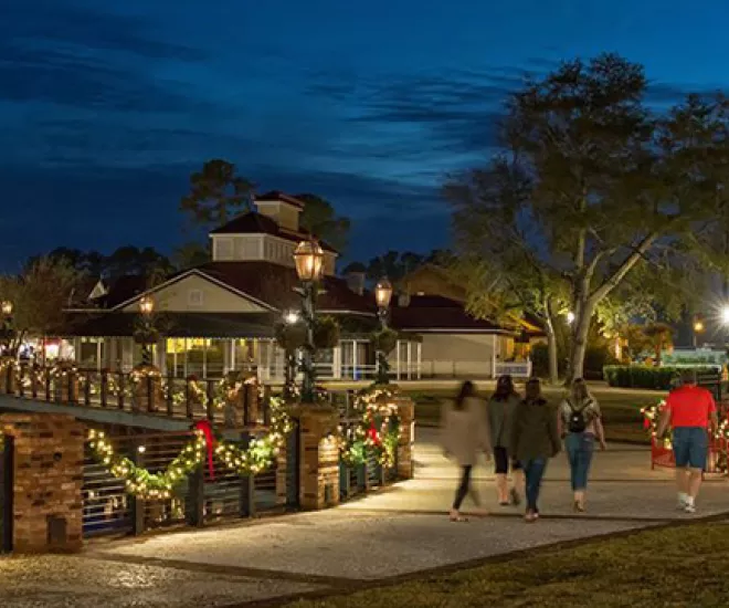 Outdoor shopping area, Barefoot Landing, decorated for Christmas.