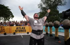 Man in the Worlds Strongest Man competition victorious