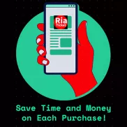 RiaTicket Save Time and Money graphic with hand holding mobile phone