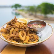 Drunken Jack's fried calimari overlooking inlet