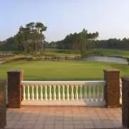 Lion's Paw view from clubhouse balcony greens with lake