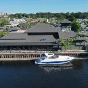 Greg Norman Australian Grill aerial with yacht on waterway