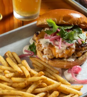 Sanwich with fries at Bonfire restaurant in Conway