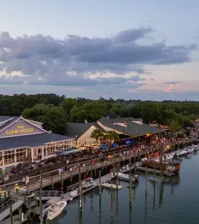 Aerial shot of the MarshWalk with sunset