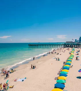 Myrtle Beach aerial of coast with Pier 14 and SkyWheel
