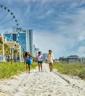 Friends walking on beach with SkyWheel