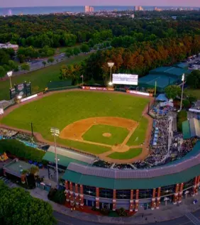 Myrtle Beach Pelicans Stadium aerial at dusk